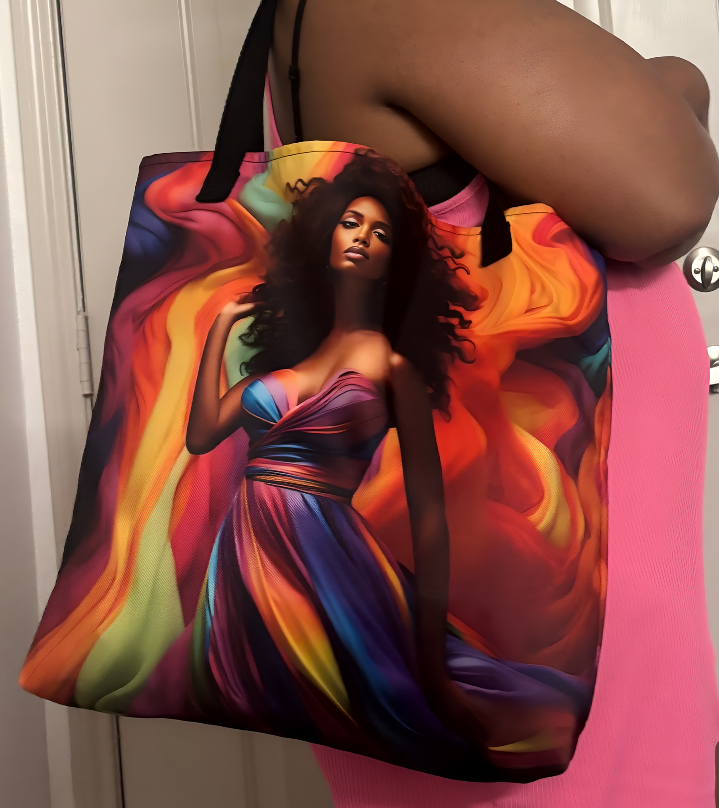 Beautiful Brown Girl in Vibrant Colors Large Tote Bag (with Pocket)