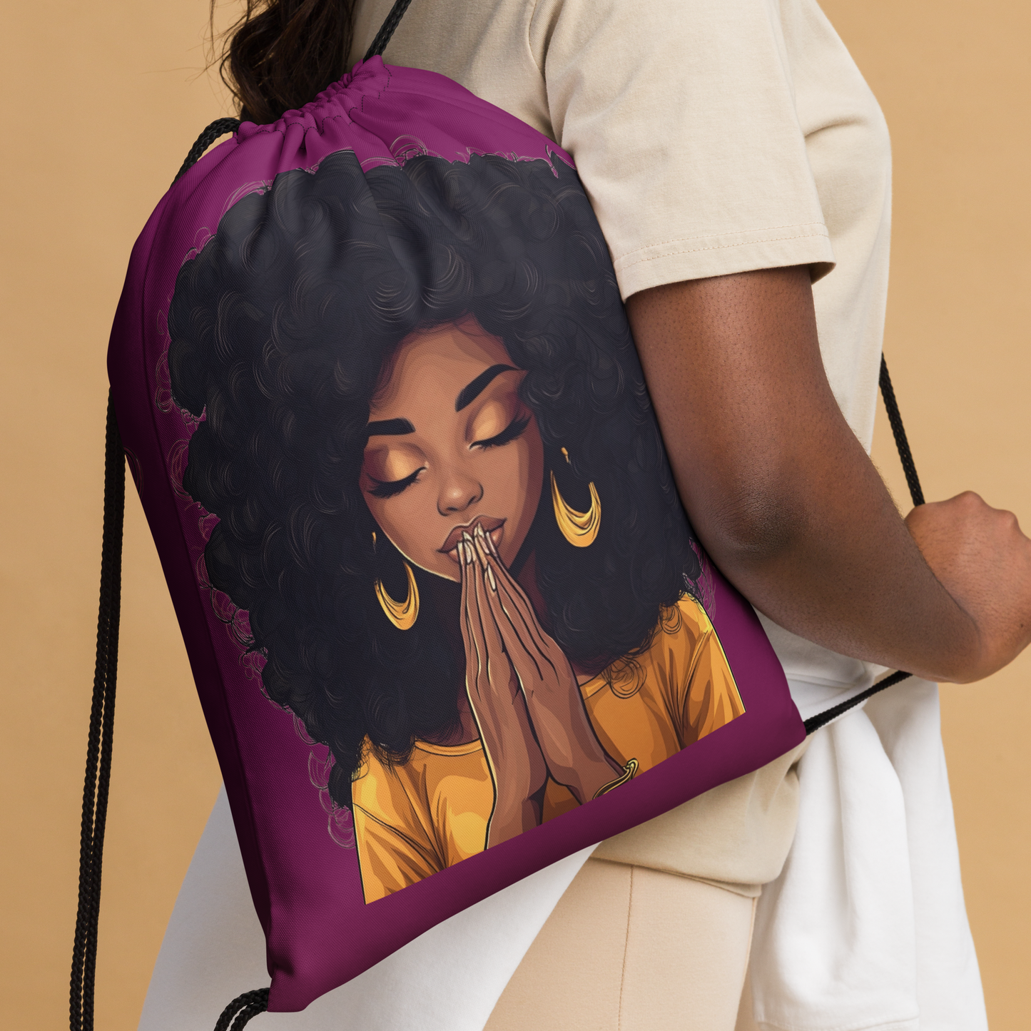 Prayerful Beautiful Brown Girl Drawstring Bag (Purple)