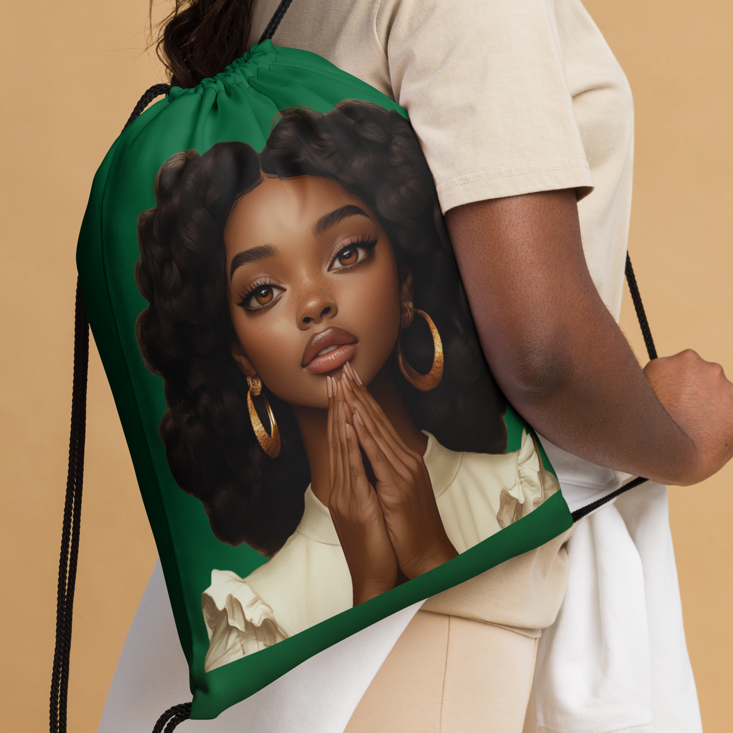 Hopeful Beautiful Brown Girl Drawstring Bag (Green)