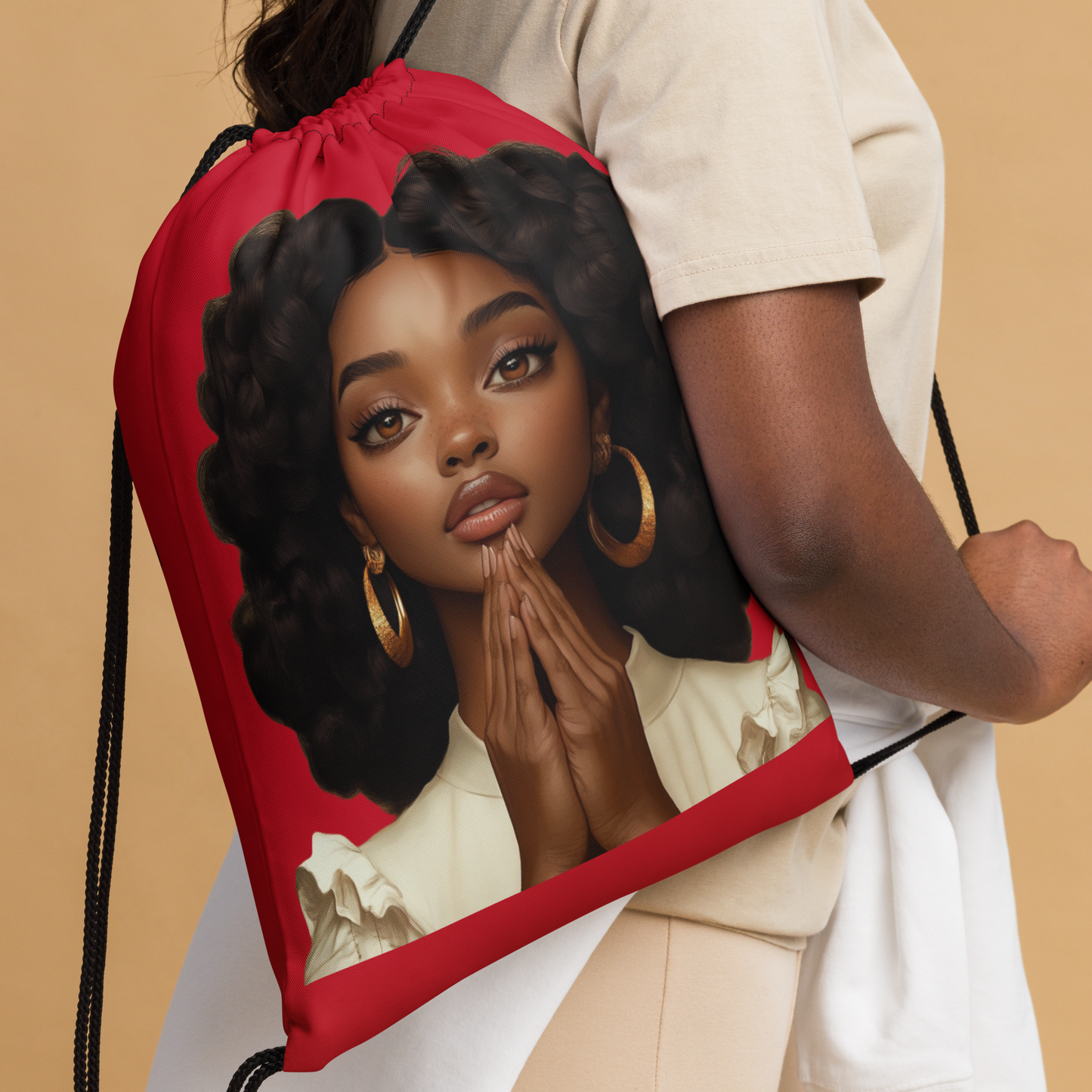 Hopeful Beautiful Brown Girl Drawstring Bag (Red)