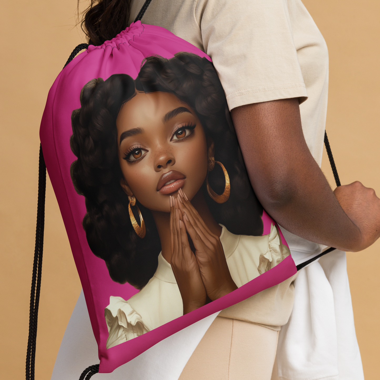 Hopeful Beautiful Brown Girl Drawstring Bag (Hot Pink)