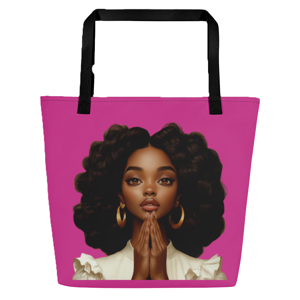 Hopeful Beautiful Brown Girl Large Tote Bag (with Pocket) Hot Pink