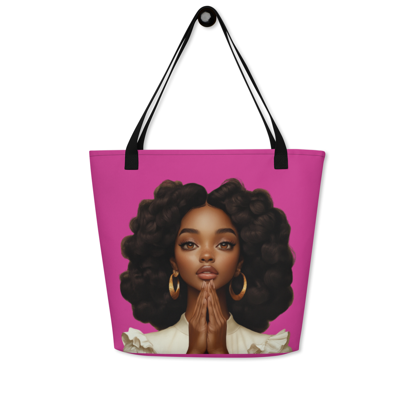 Hopeful Beautiful Brown Girl Large Tote Bag (with Pocket) Hot Pink